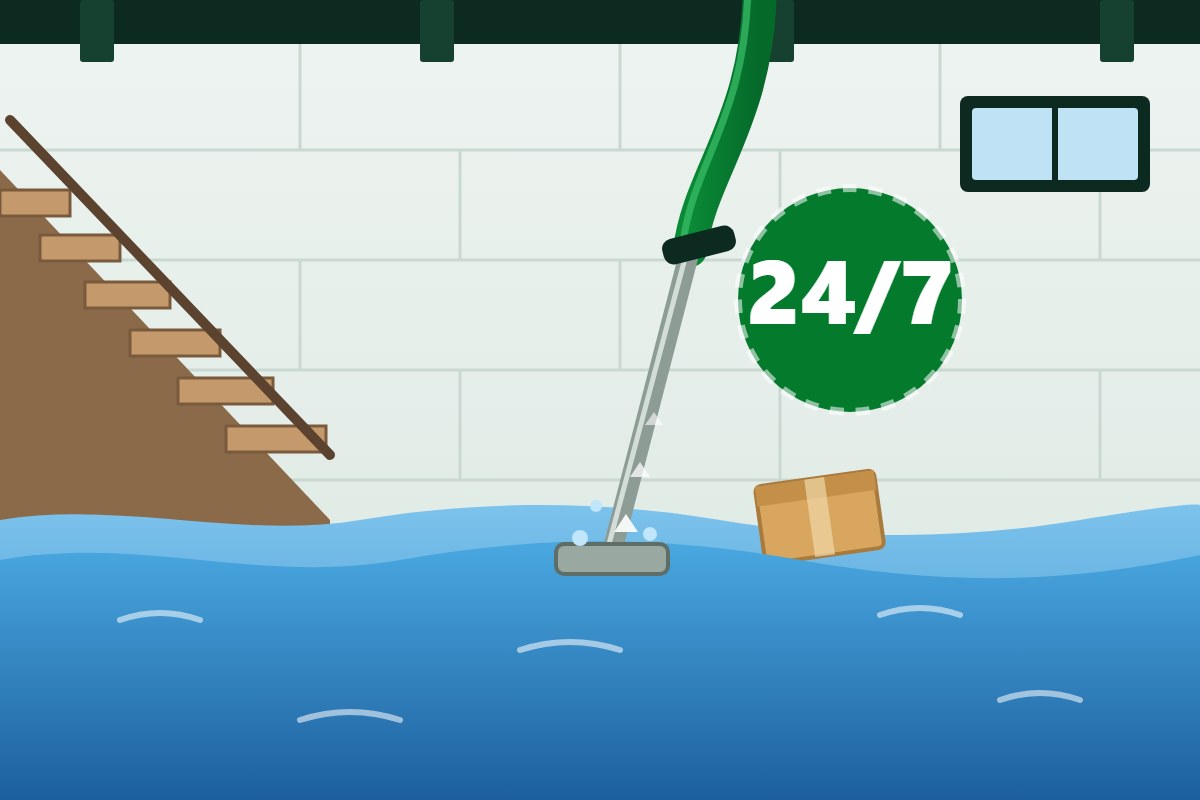 Illustration of a flooded basement with a water extraction wand and a 24/7 badge